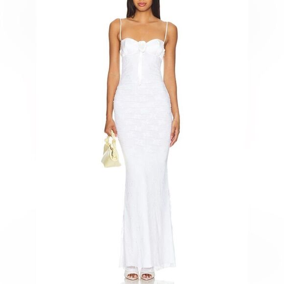 MAJORELLE Dresses & Skirts - NWT Majorelle Leonie Gown White lace maxi rosette ruched bodycon slip Revolve M